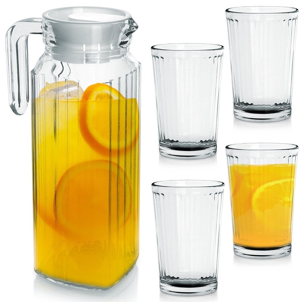 Serving set: 4 glasses & jug with lid, dishwasher safe