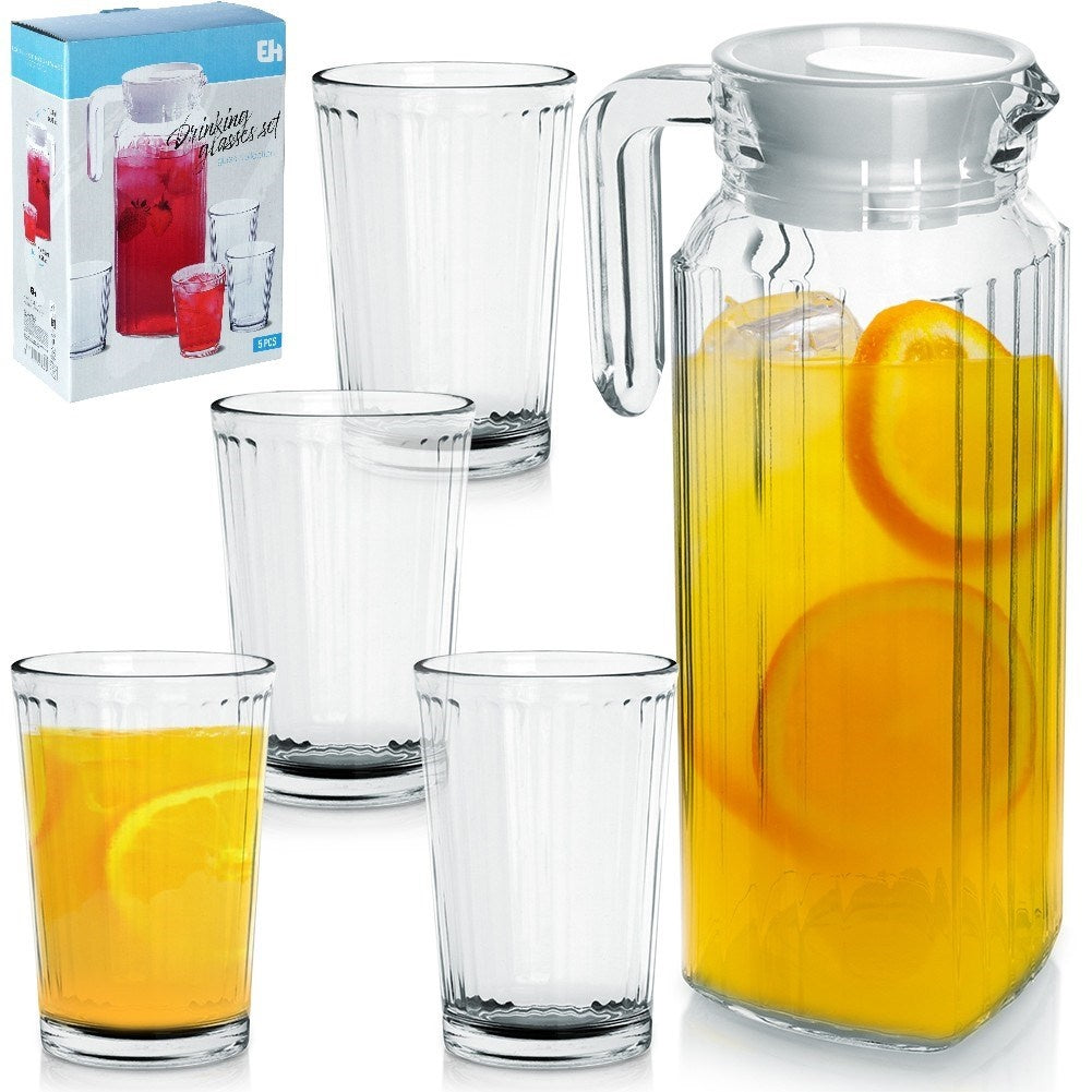 Serving set: 4 glasses & jug with lid, dishwasher safe