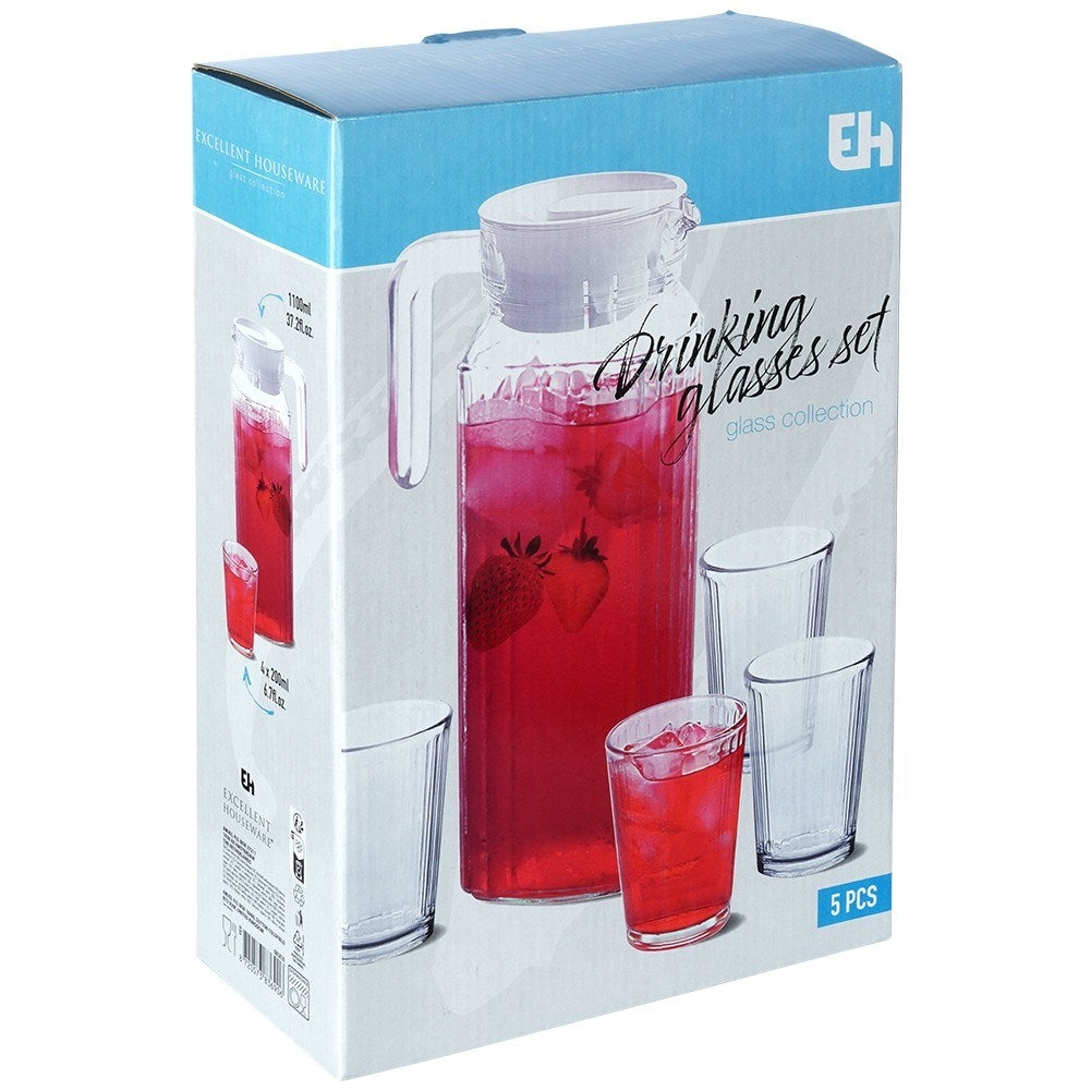 Serving set: 4 glasses & jug with lid, dishwasher safe
