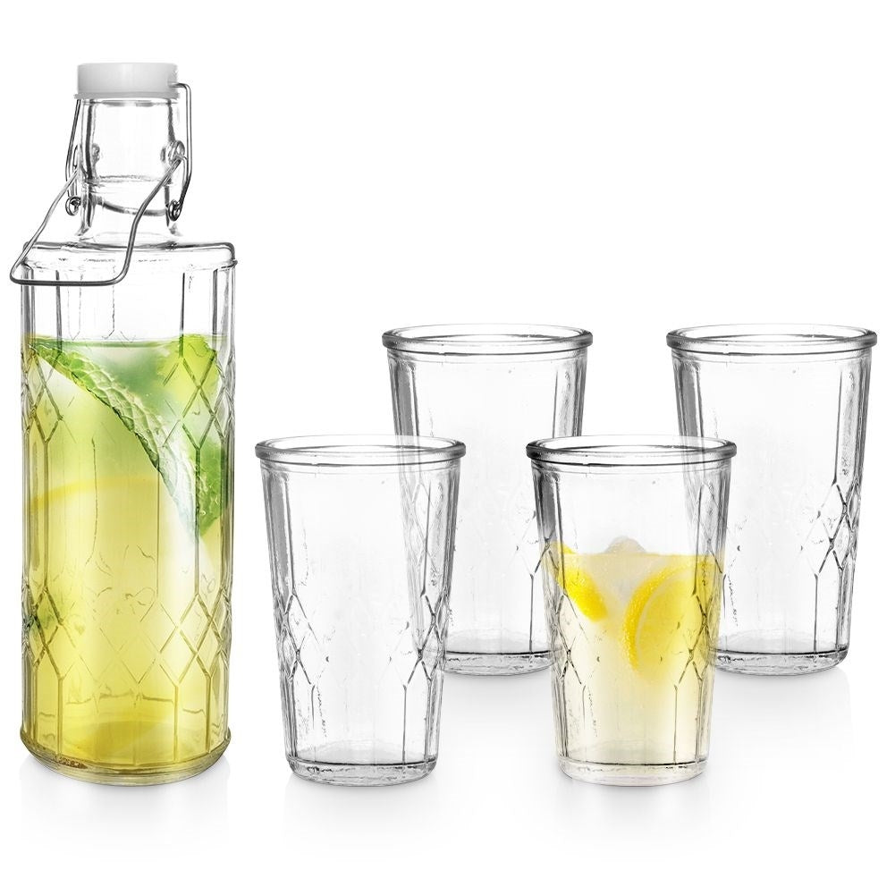 Serving set: Carafe & 4 glasses with unique design in relief pattern