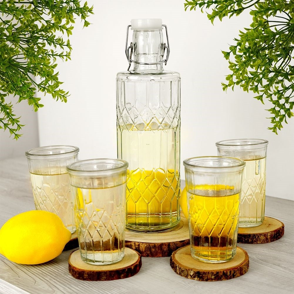Serving set: Carafe & 4 glasses with unique design in relief pattern