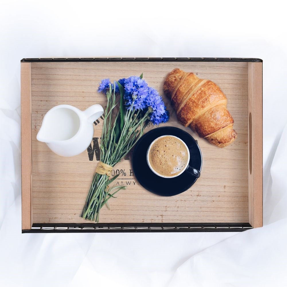 Serving tray in wood and metal with comfortable handles