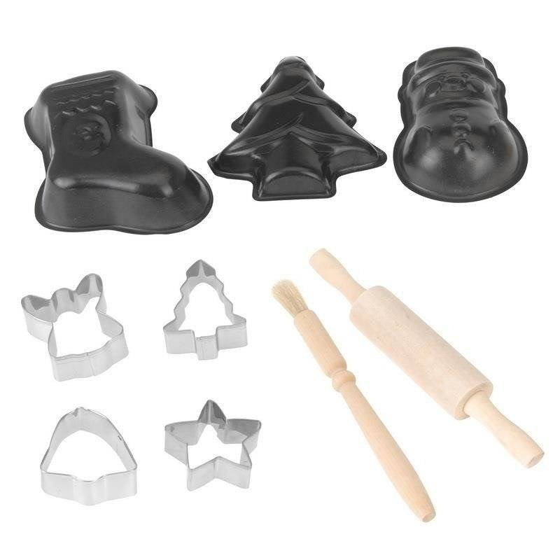 Set for Christmas baking - 3 baking tins, 4 cake tins, brush, rolling pin