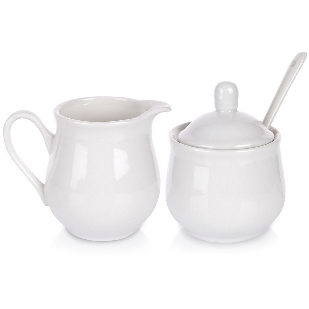 Set for serving sugar and milk in white porcelain