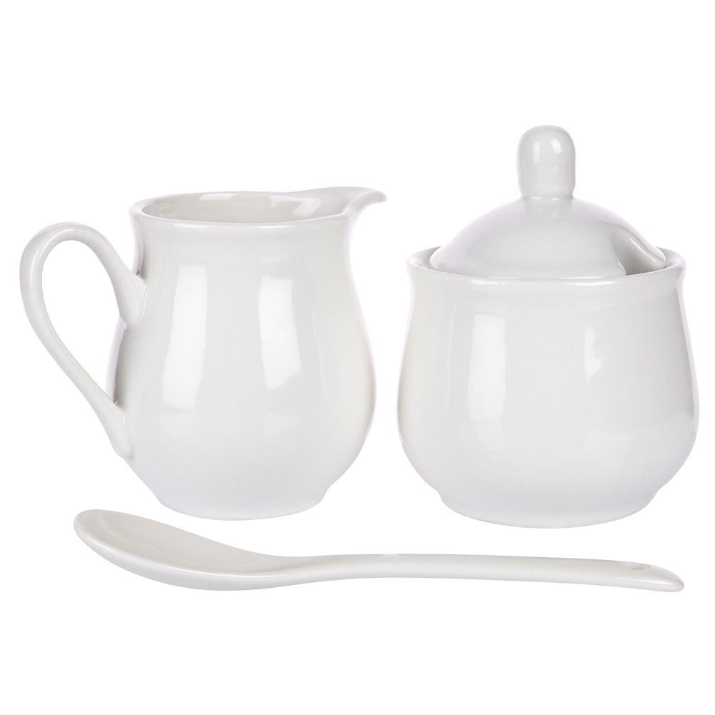 Set for serving sugar and milk in white porcelain