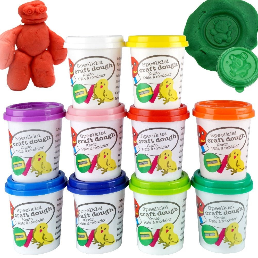 Set of 10 large modeling jars in vibrant colors and animal lids