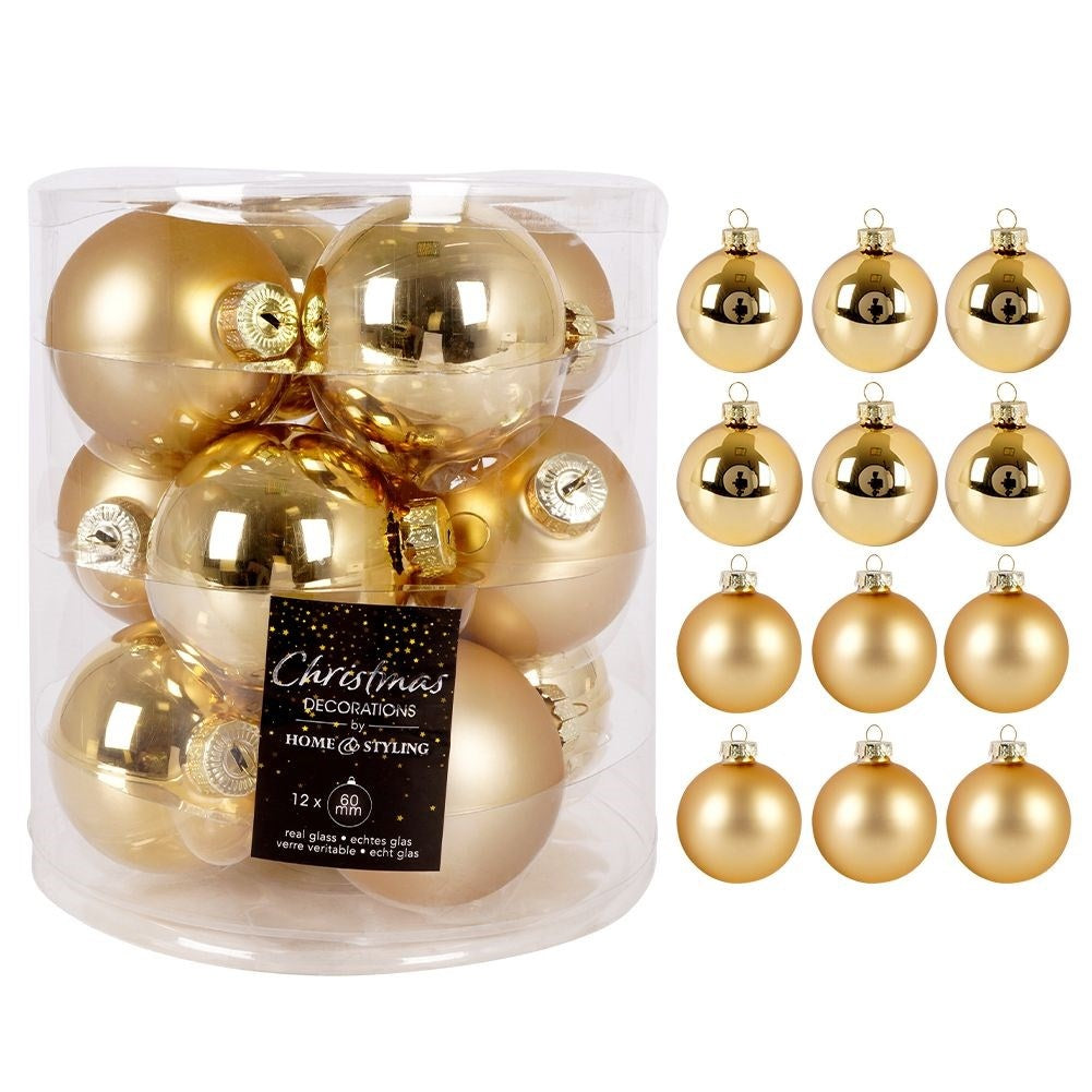 Set of 12 Golden Christmas Tree Balls in Glass, Matt and Shiny