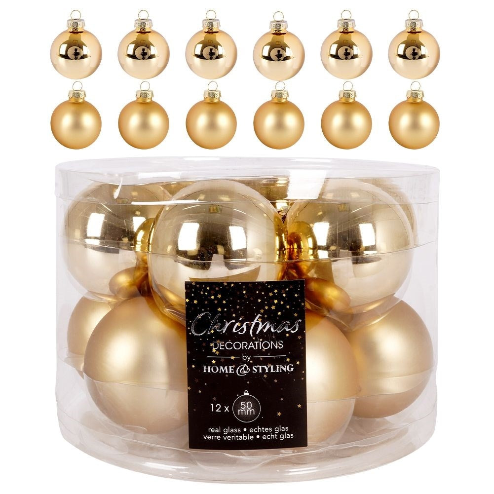 Set of 12 decorative golden Christmas tree balls in glass