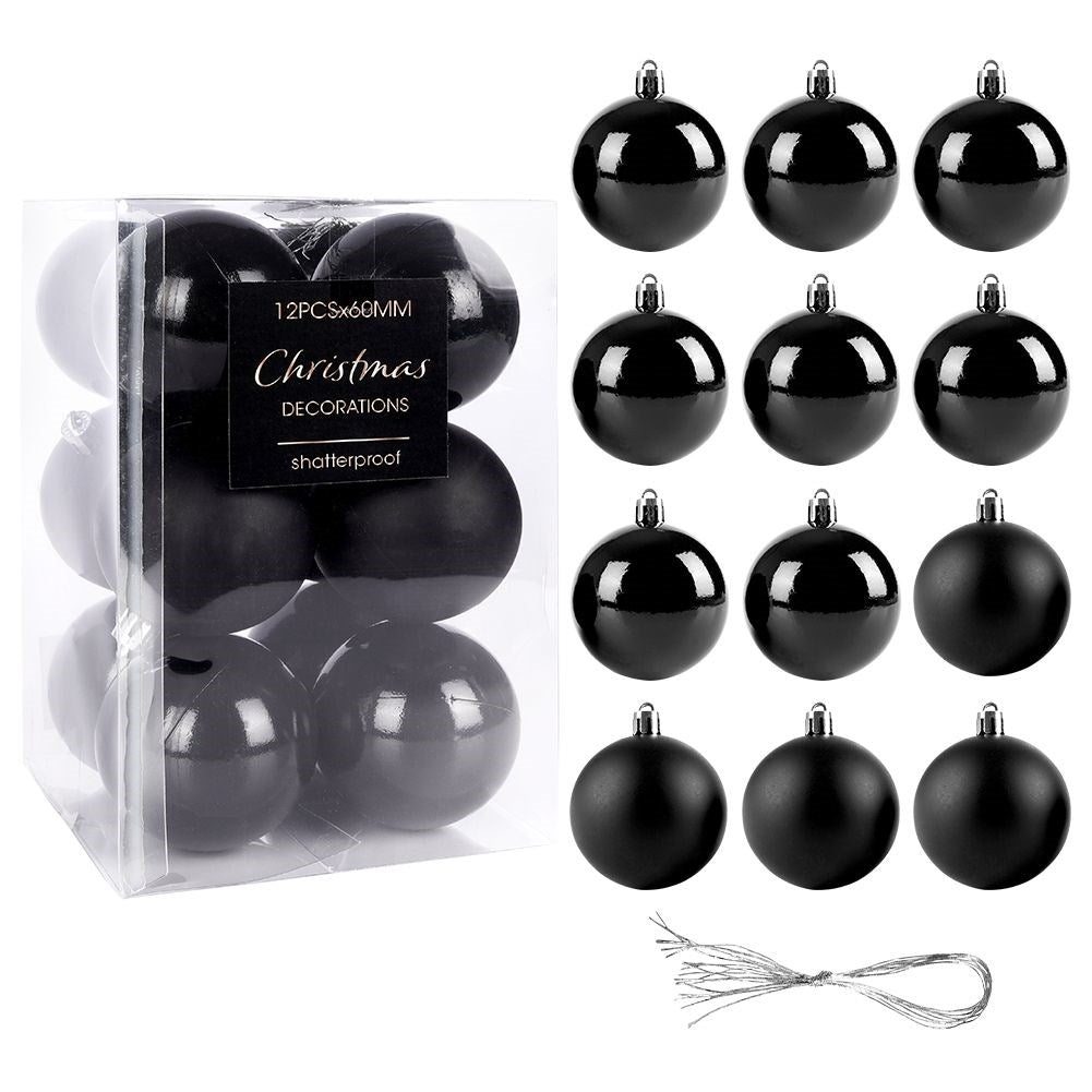 Set of 12 unbreakable black Christmas tree balls, matte & glossy