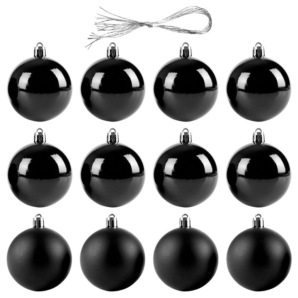 Set of 12 unbreakable black Christmas tree balls, matte & glossy