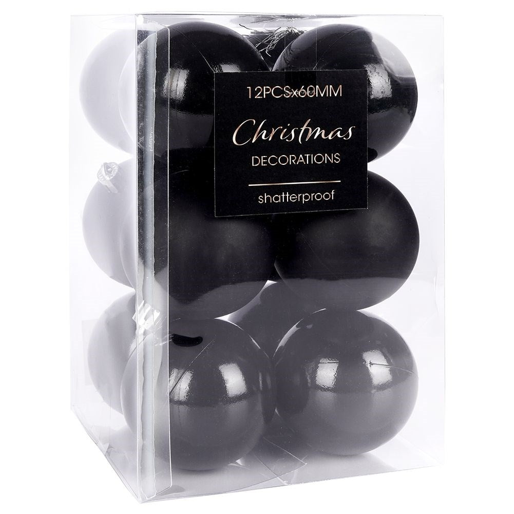 Set of 12 unbreakable black Christmas tree balls, matte & glossy