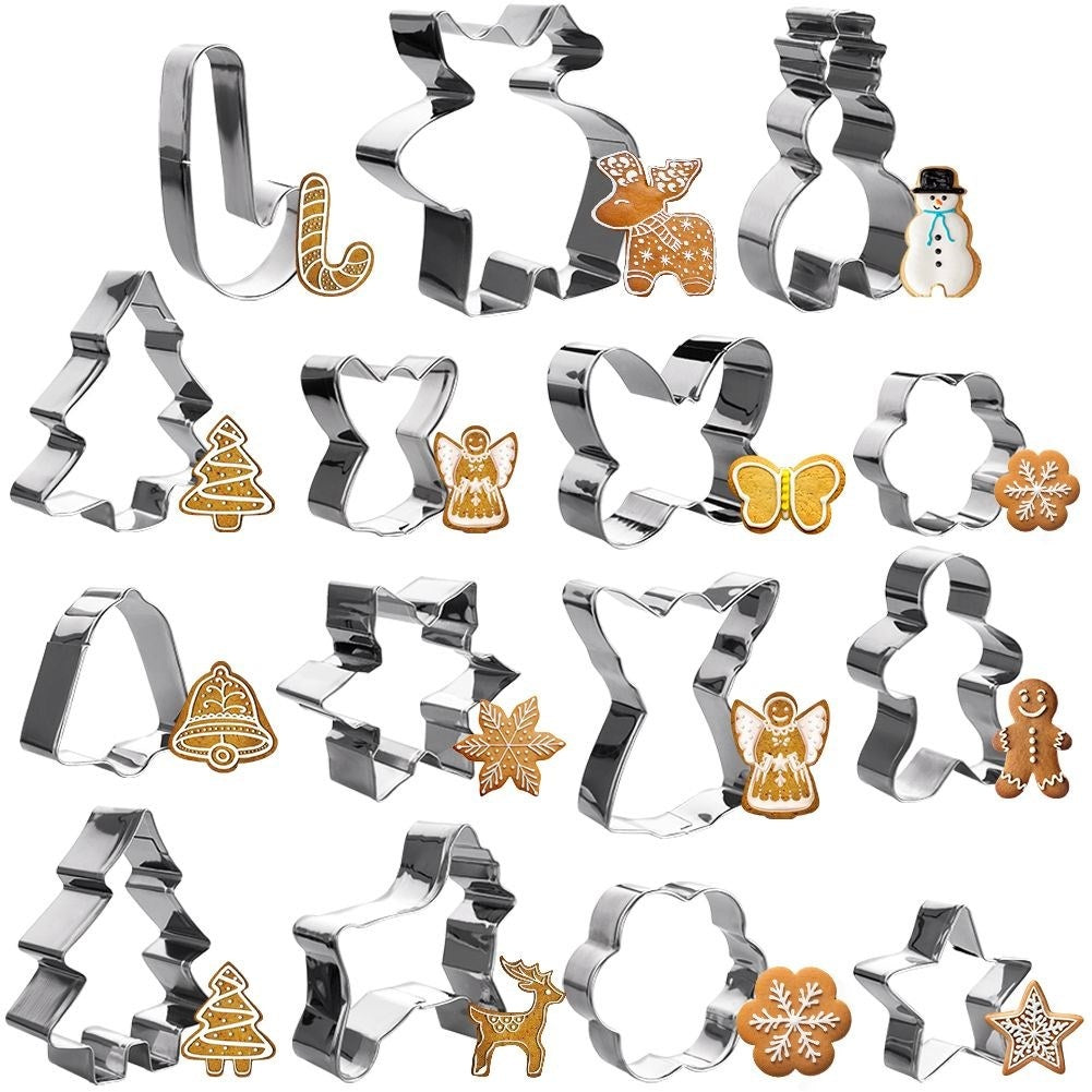 Set of 15 stainless steel Christmas cookie molds with decorative jar