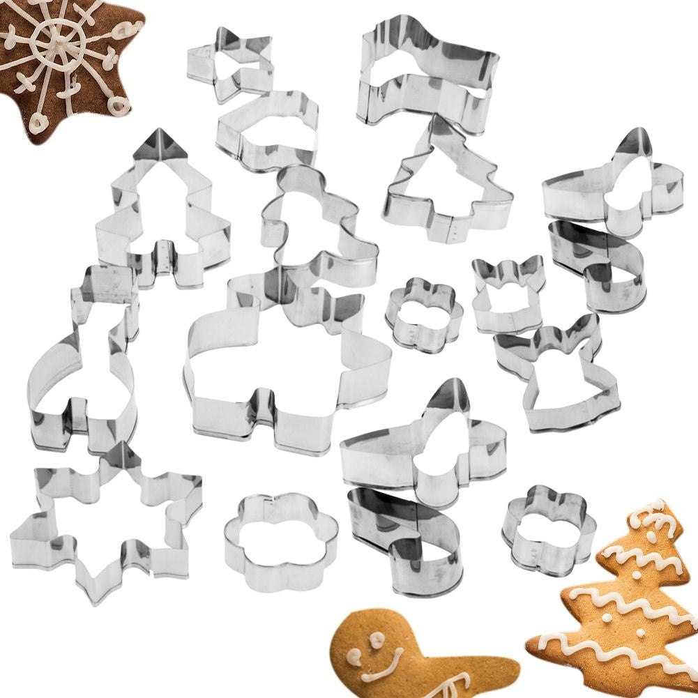 Set of 15 stainless steel Christmas cookie molds with decorative jar