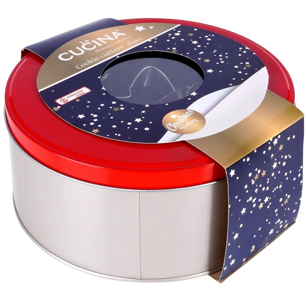 Set of 15 stainless steel Christmas cookie molds with decorative jar