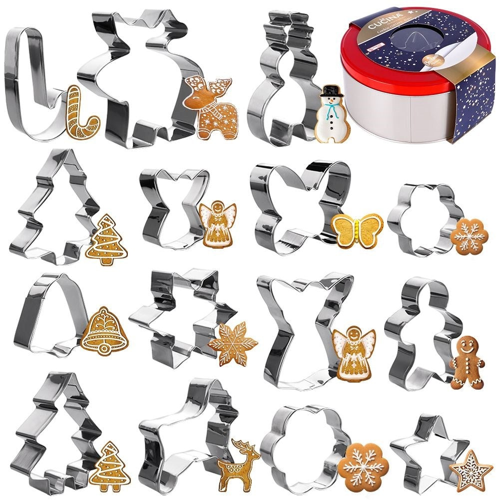 Set of 15 stainless steel Christmas cookie molds with decorative jar