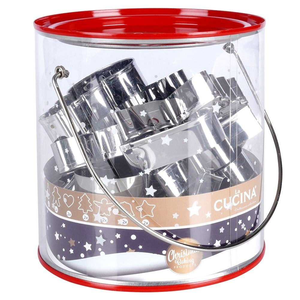 Set of 16 stainless steel Christmas cookie tins with storage