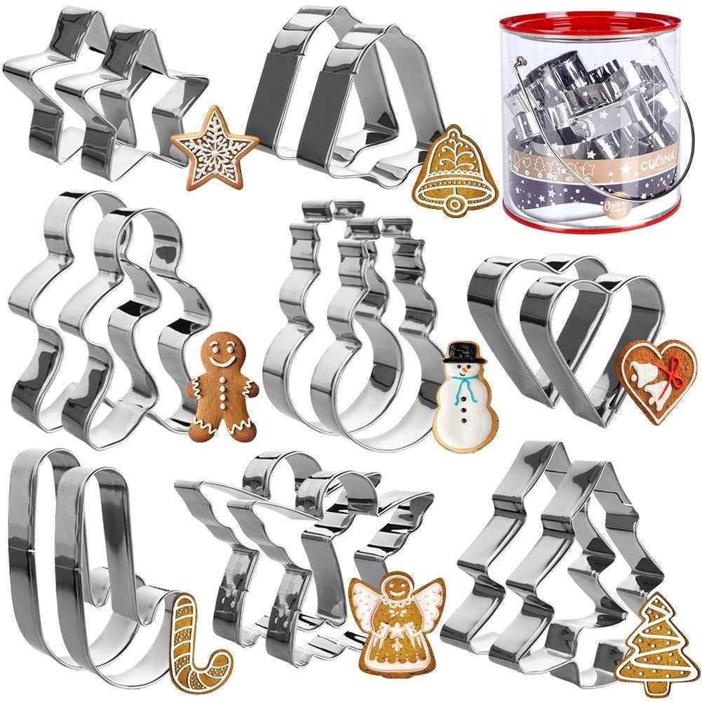Set of 16 stainless steel Christmas cookie tins with storage