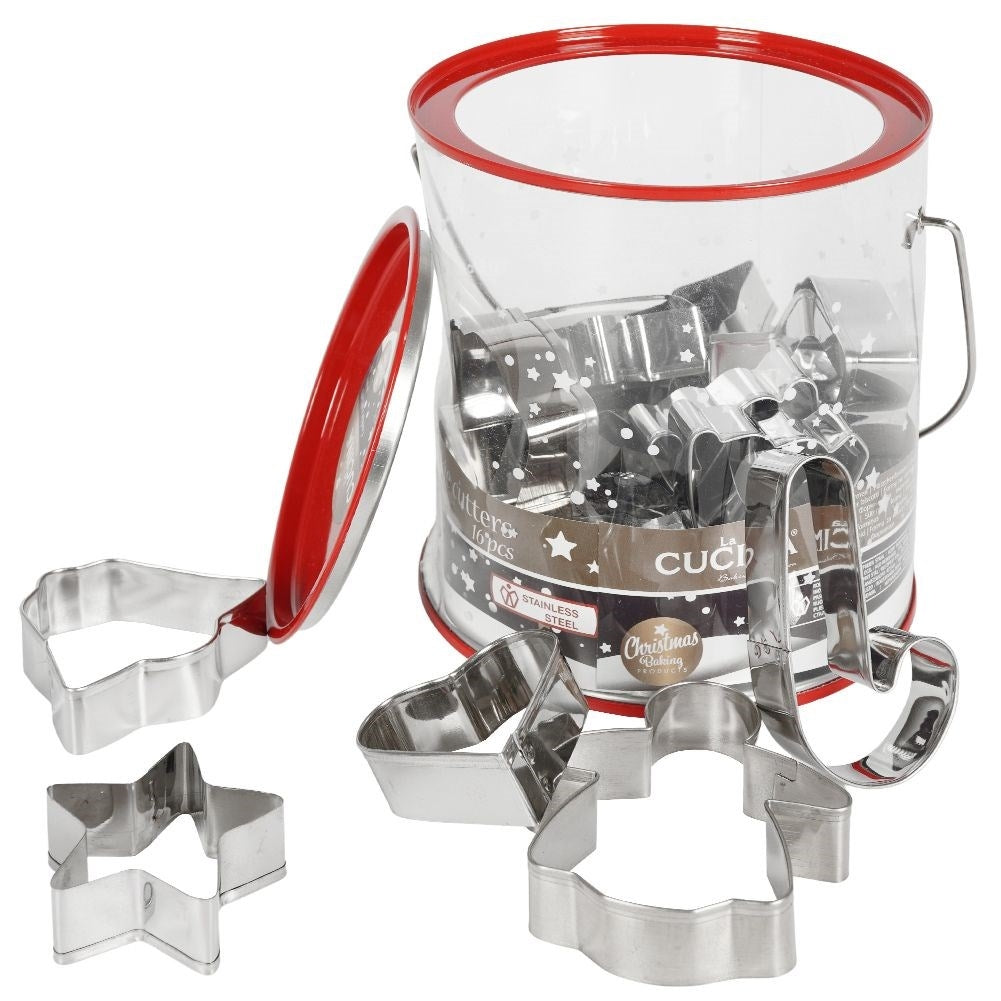 Set of 16 stainless steel Christmas cookie tins with storage
