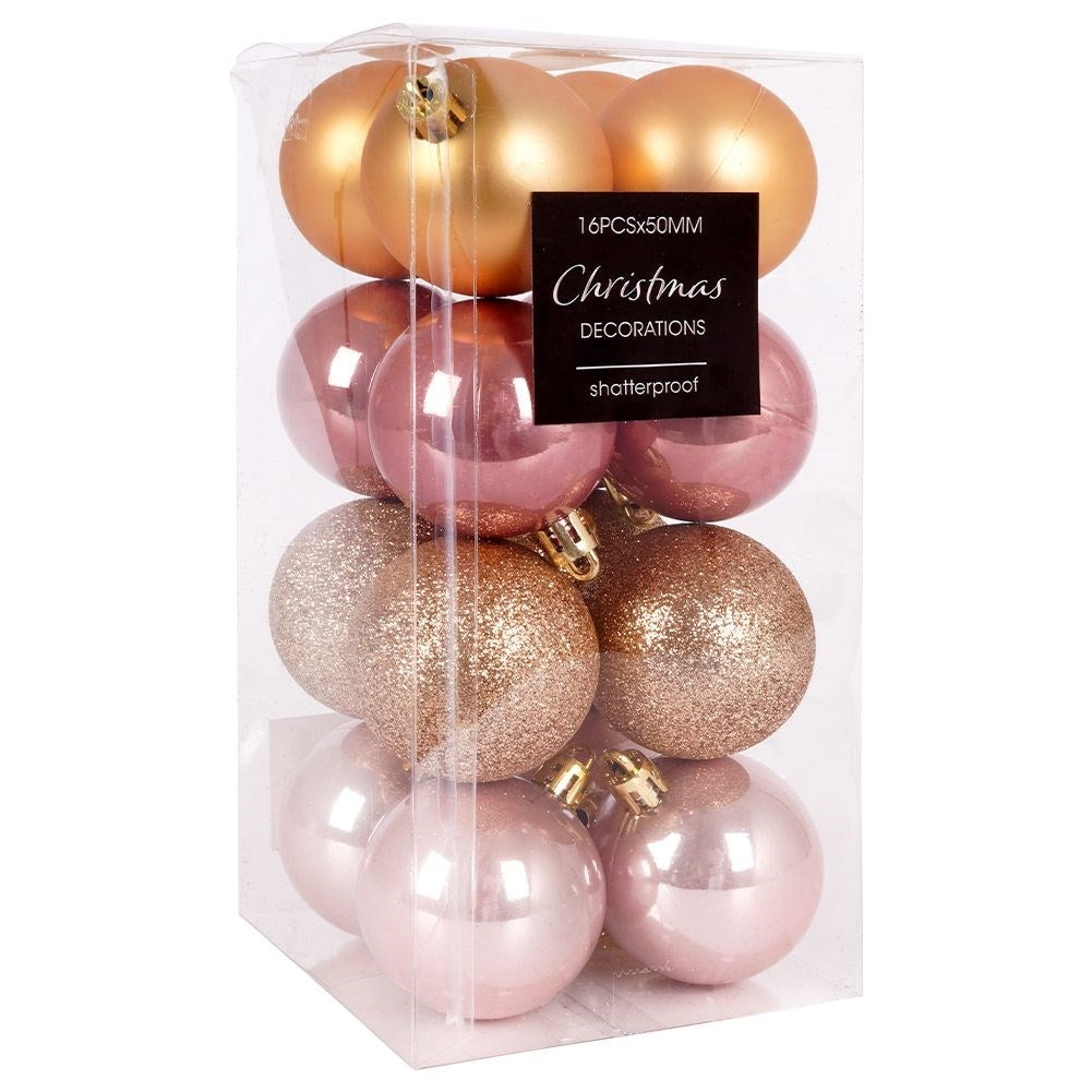 Set of 16 unbreakable Christmas tree balls in gold and pink