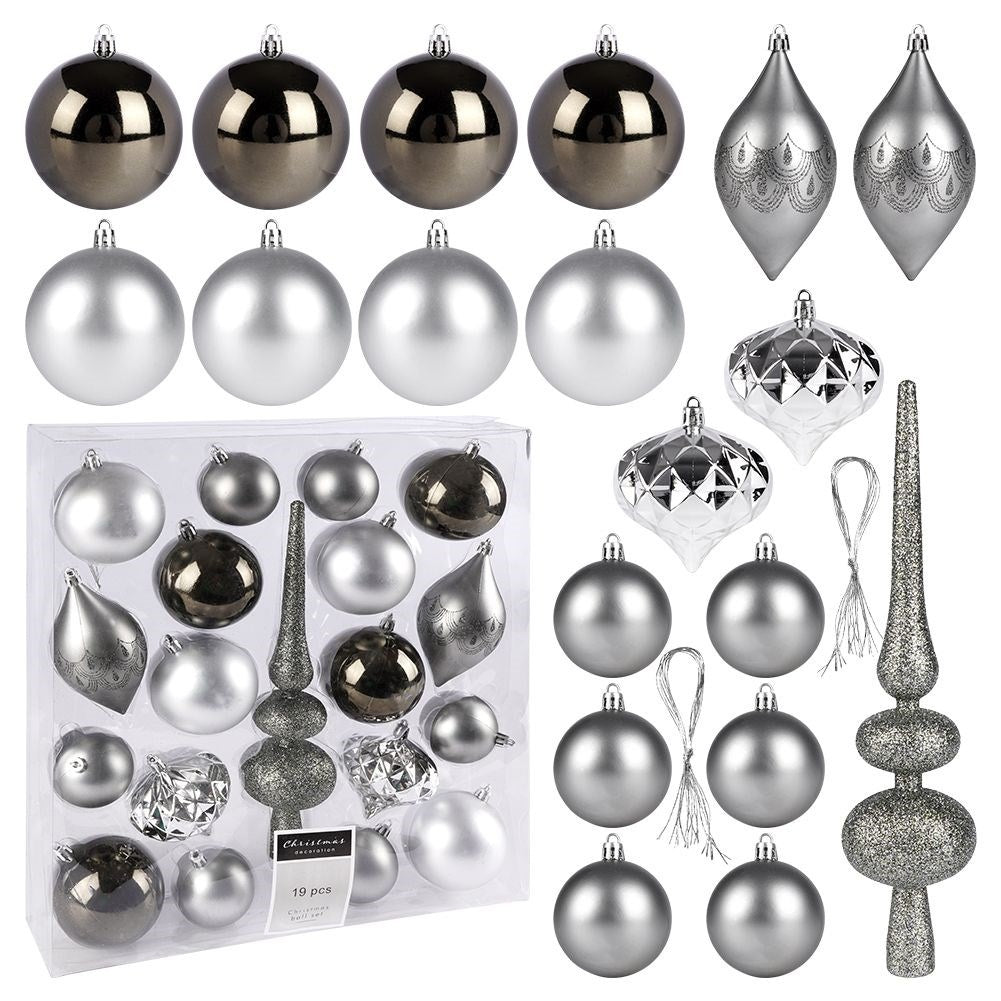 Set of 19 unbreakable Christmas tree balls in silver, matt and shiny