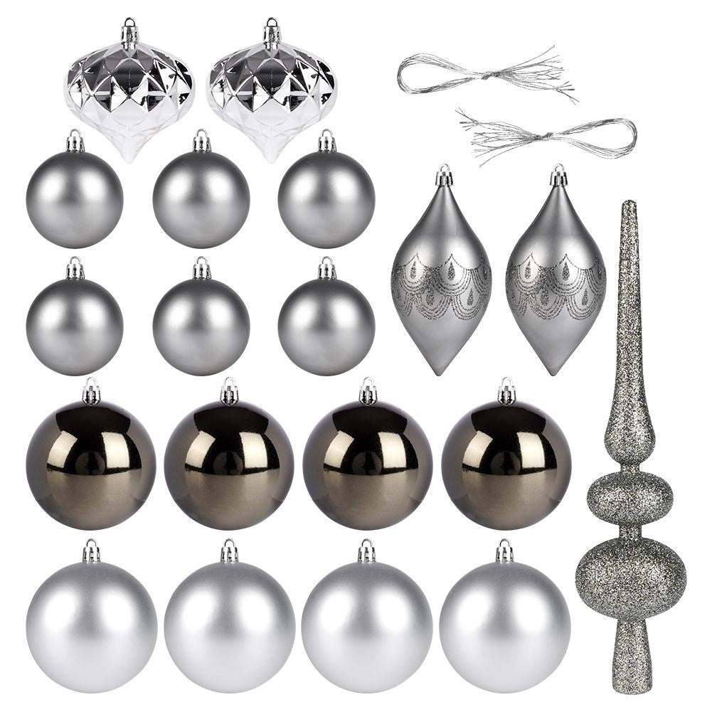 Set of 19 unbreakable Christmas tree balls in silver, matt and shiny