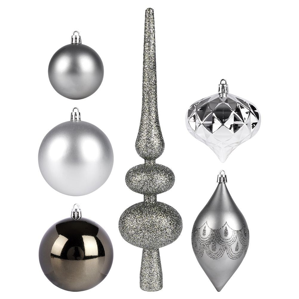 Set of 19 unbreakable Christmas tree balls in silver, matt and shiny