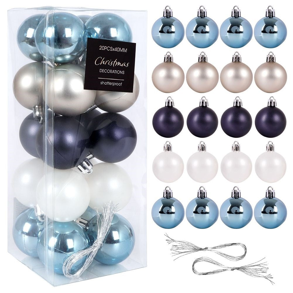 Set of 20 unbreakable Christmas tree balls in white, silver and blue