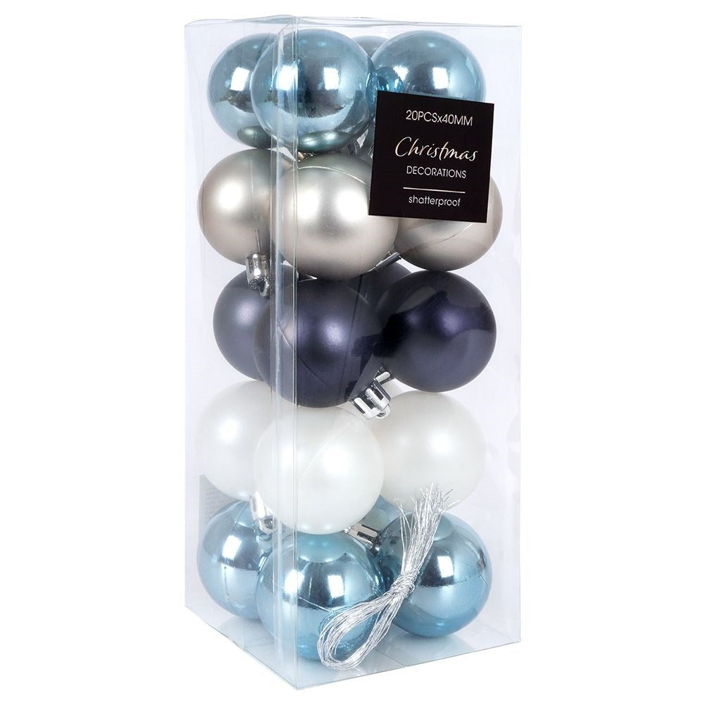 Set of 20 unbreakable Christmas tree balls in white, silver and blue