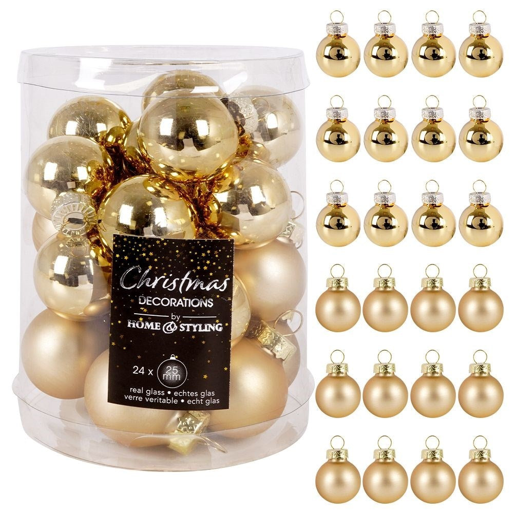 Set of 24 Gold Glass Balls: Matte & Shiny Christmas Decorations