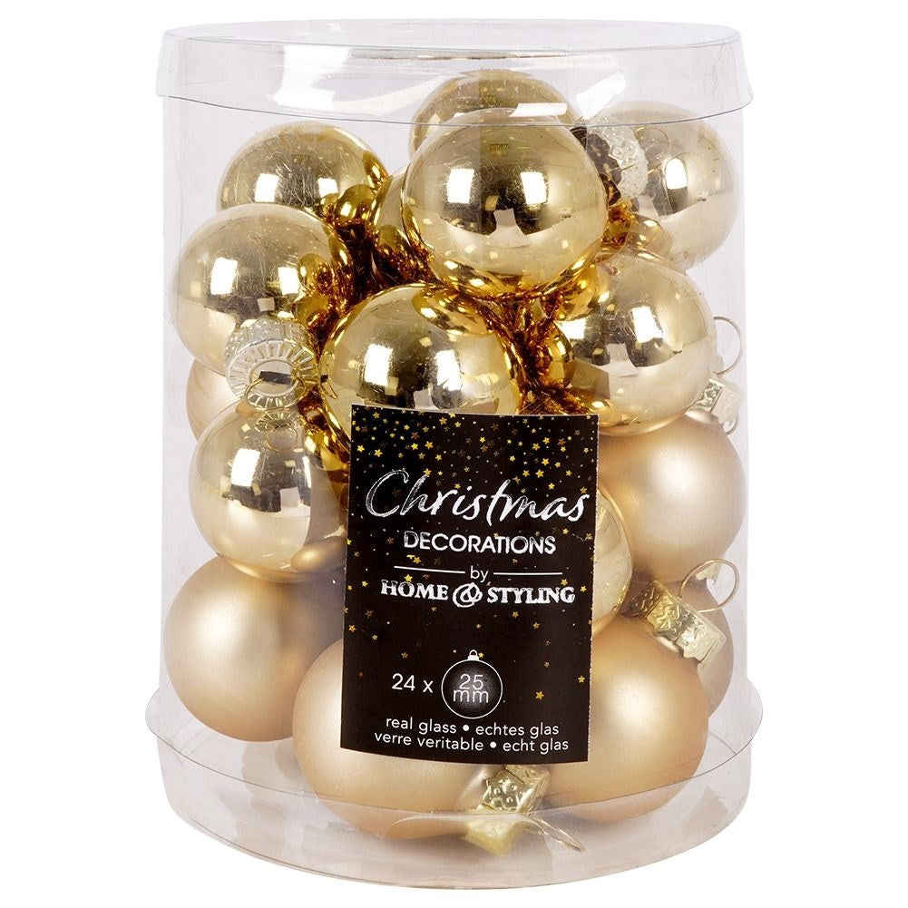 Set of 24 Gold Glass Balls: Matte & Shiny Christmas Decorations