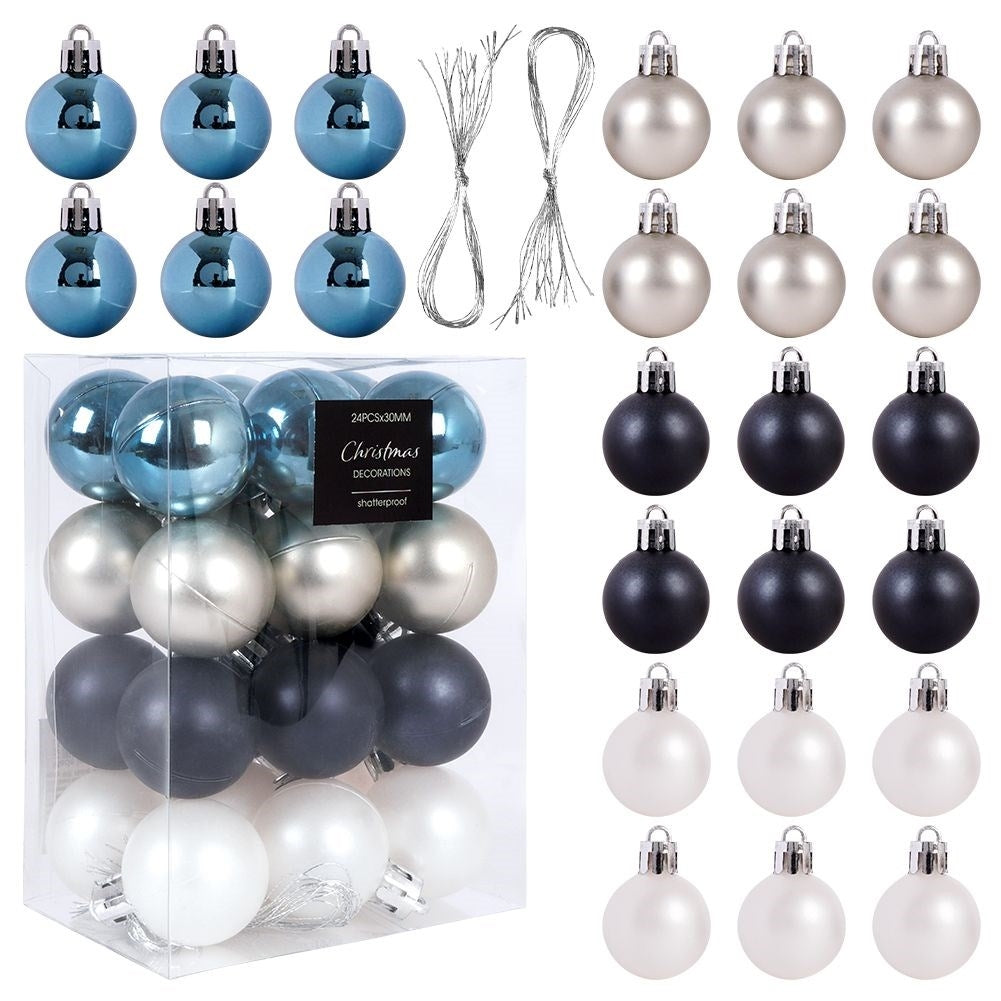 Set of 24 unbreakable Christmas tree balls: white, silver, blue, dark blue