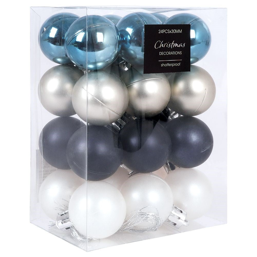 Set of 24 unbreakable Christmas tree balls: white, silver, blue, dark blue