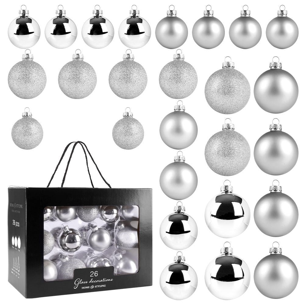 Set of 26 Christmas tree balls in glass - silver, matt & glittery