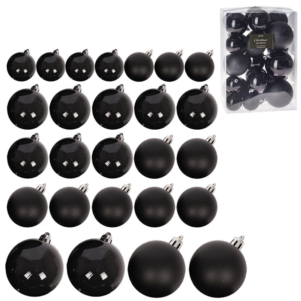 Set of 26 black Christmas tree balls, unbreakable, matte & glossy