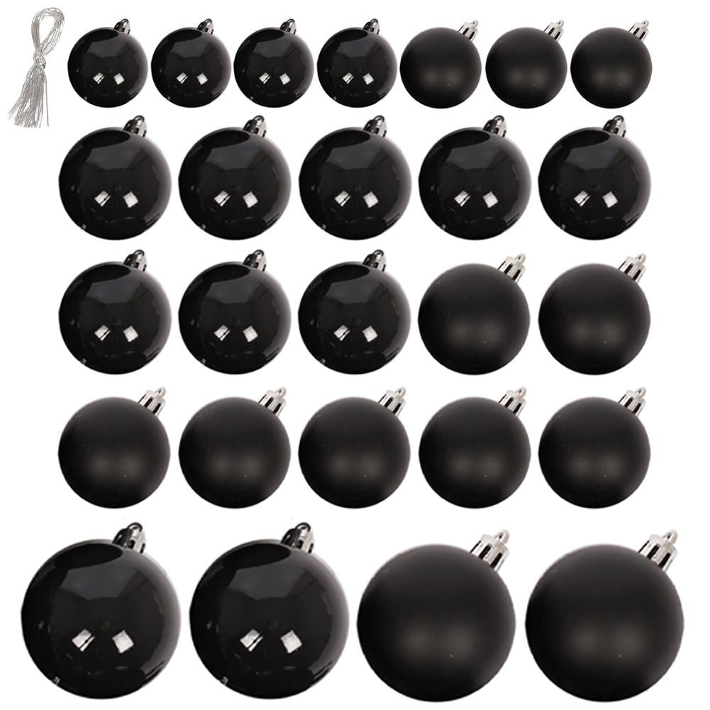 Set of 26 black Christmas tree balls, unbreakable, matte & glossy