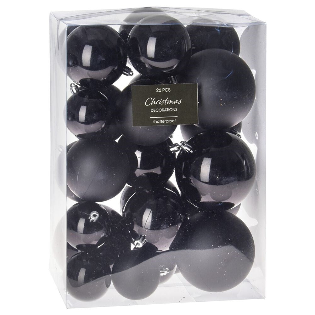 Set of 26 black Christmas tree balls, unbreakable, matte & glossy