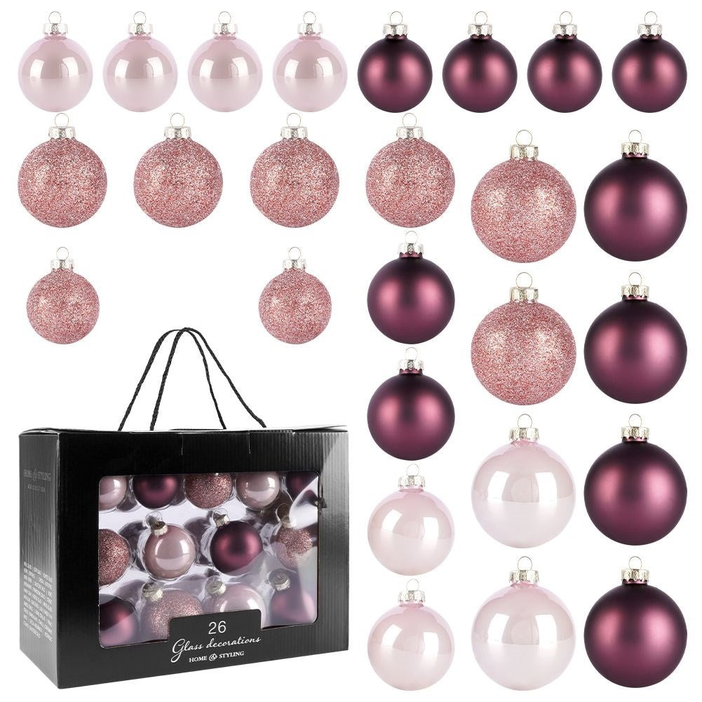 Set of 26 decorative Christmas tree balls in pink glass