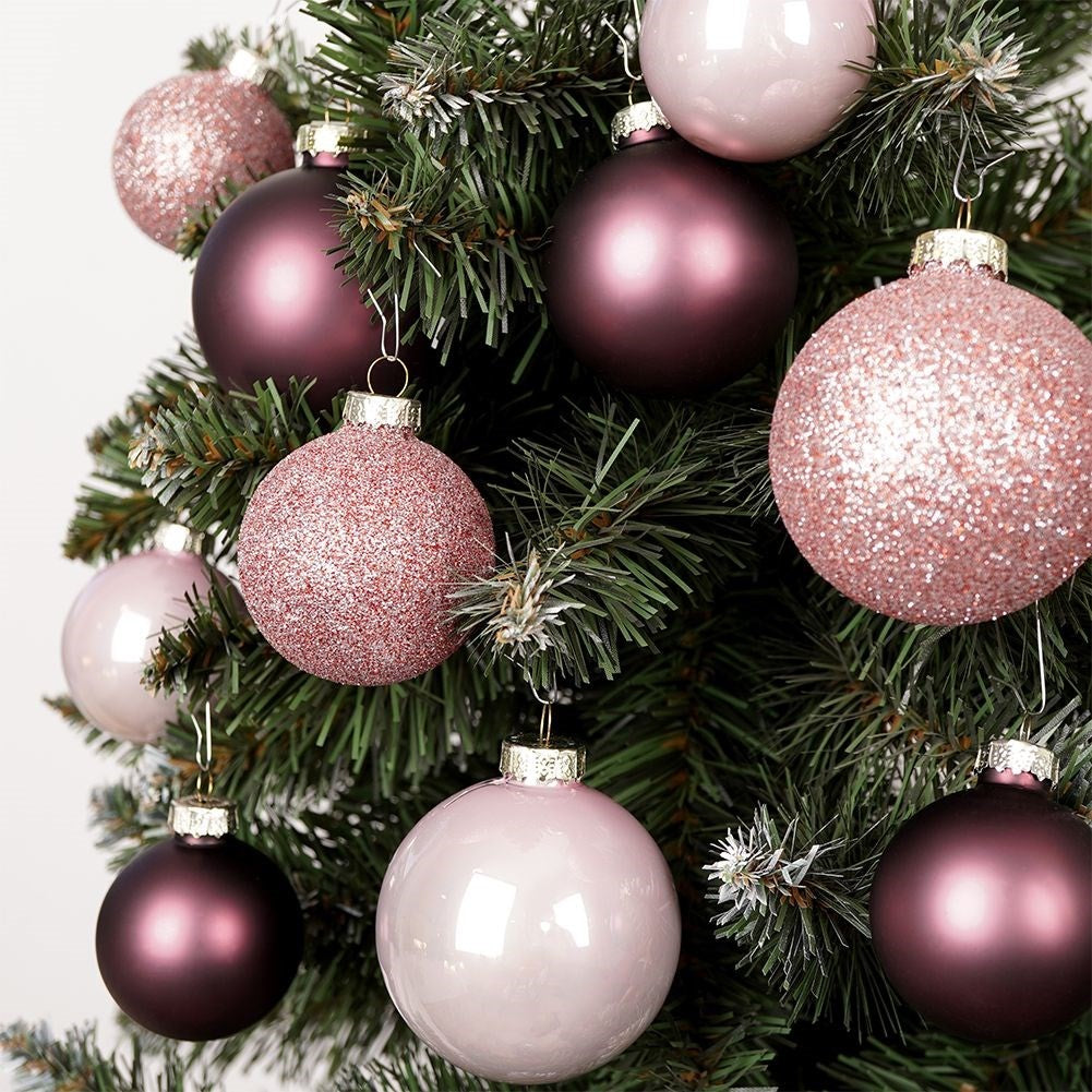 Set of 26 decorative Christmas tree balls in pink glass