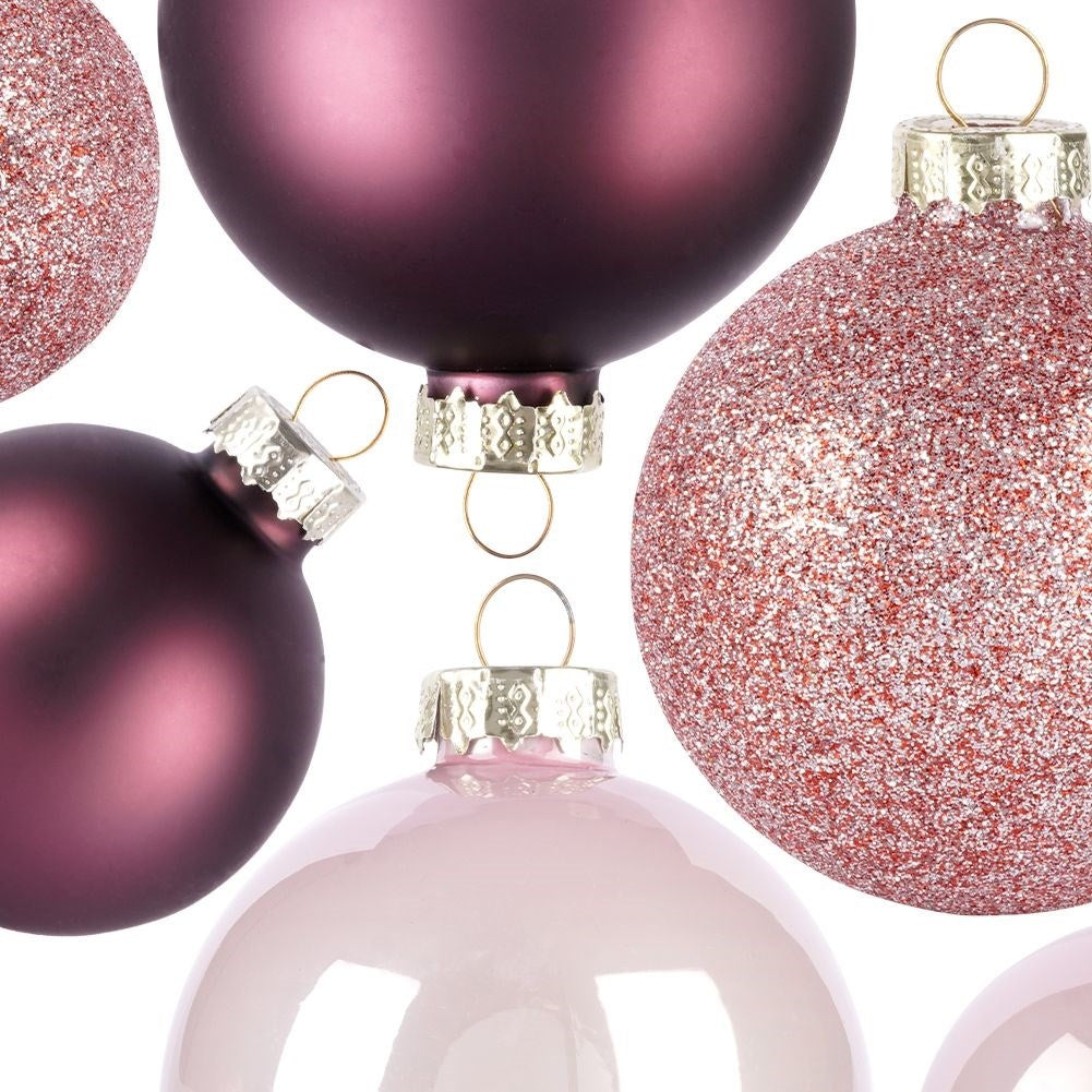 Set of 26 decorative Christmas tree balls in pink glass