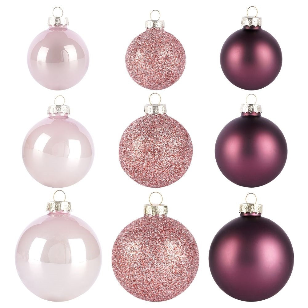 Set of 26 decorative Christmas tree balls in pink glass