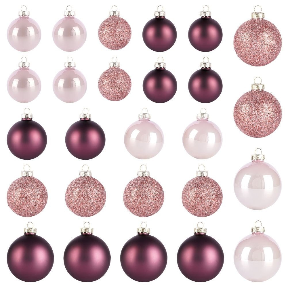 Set of 26 decorative Christmas tree balls in pink glass