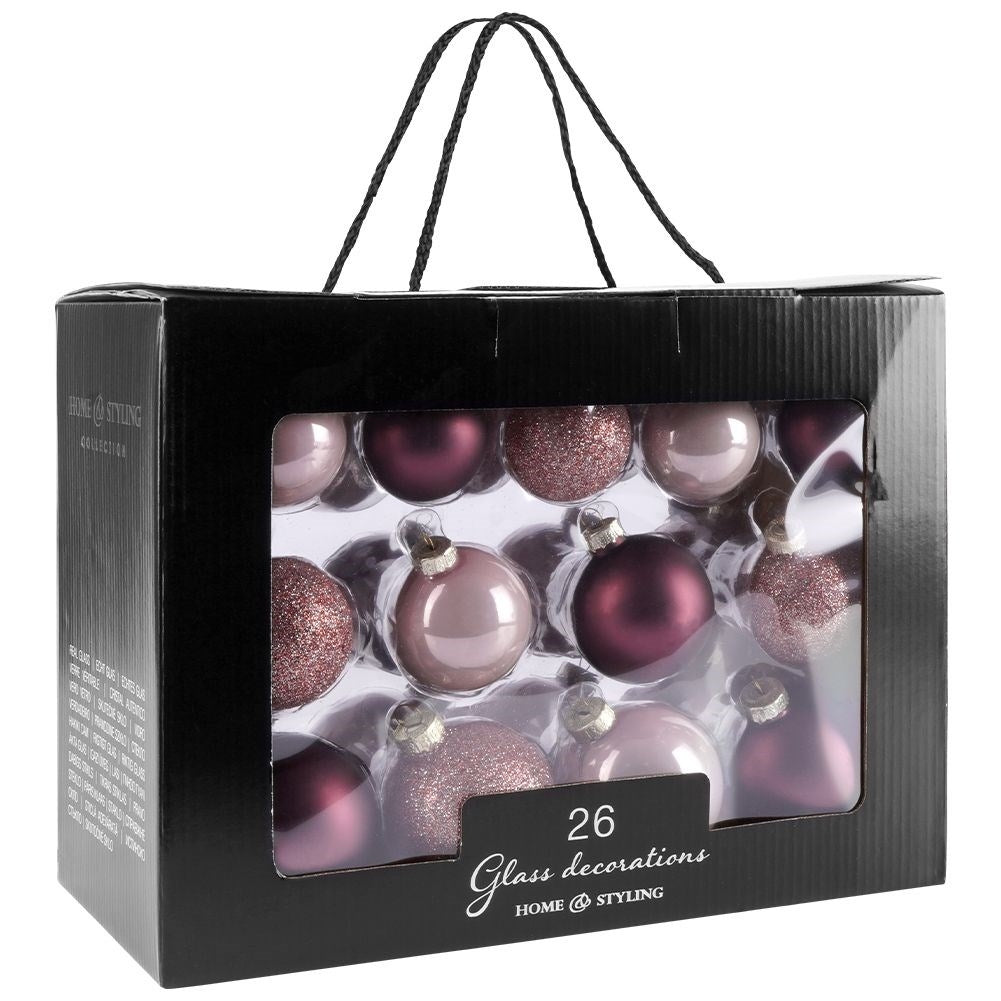 Set of 26 decorative Christmas tree balls in pink glass
