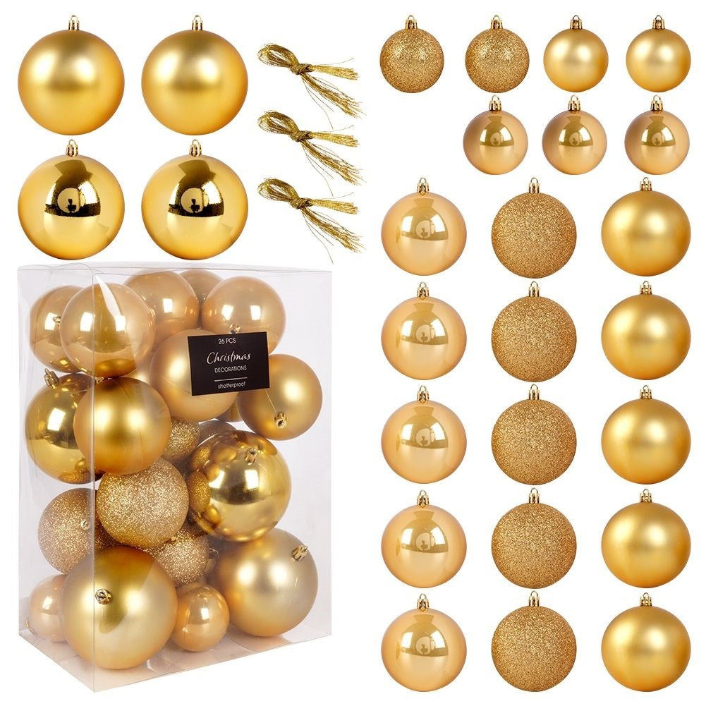Set of 26 unbreakable Christmas tree balls in gold