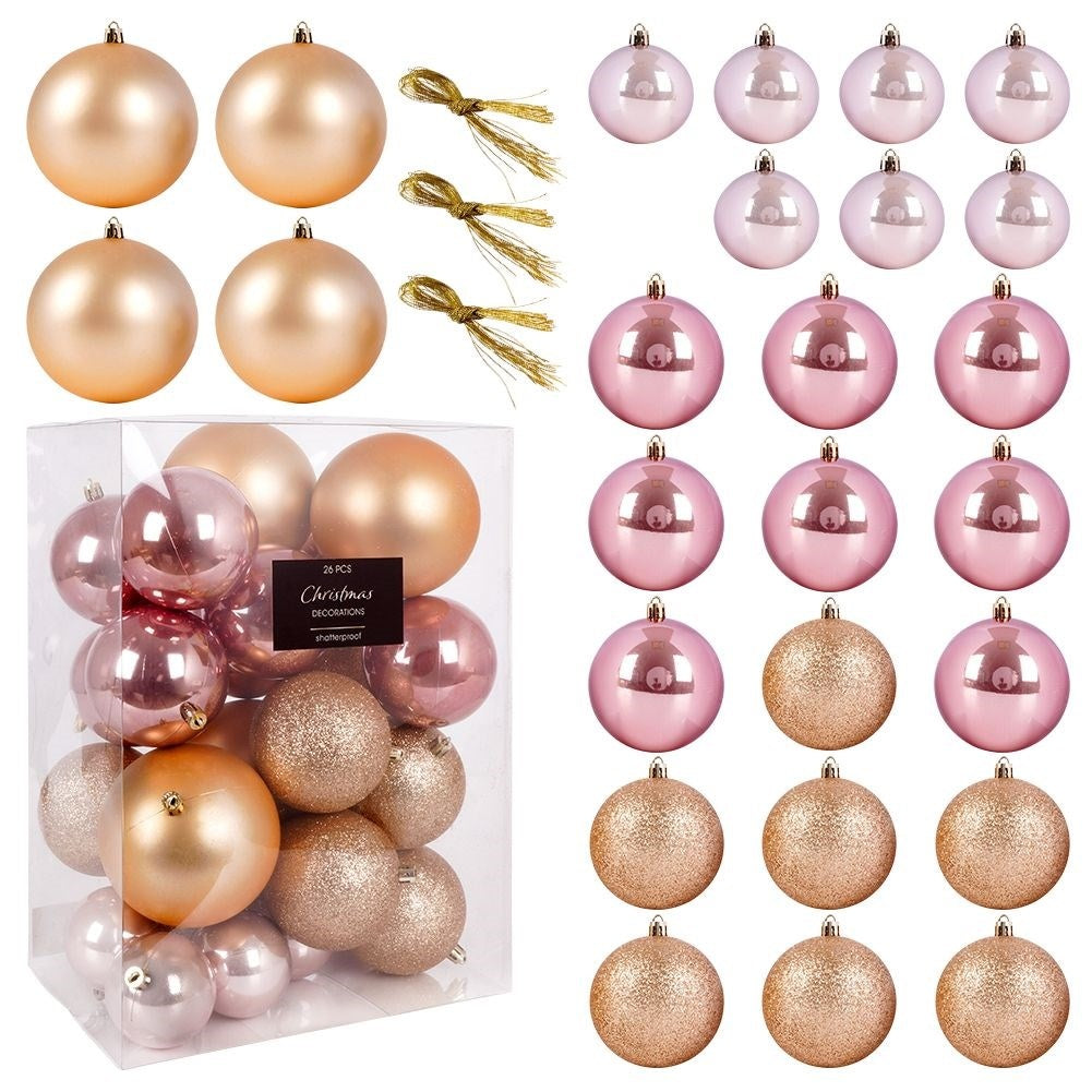 Set of 26 unbreakable Christmas tree balls in gold and pink