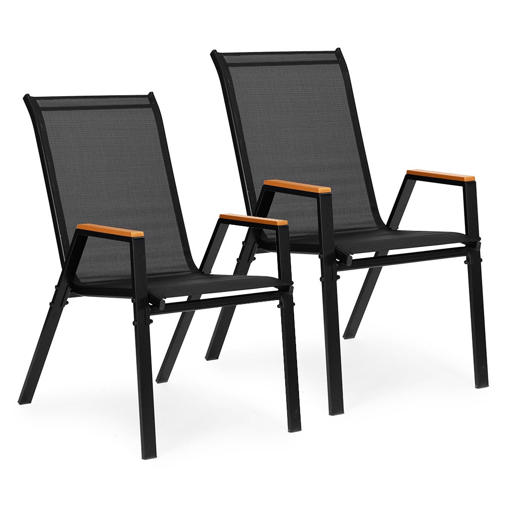 Set of 2 Black Garden Chairs, Steel Frame, Textilene Mesh