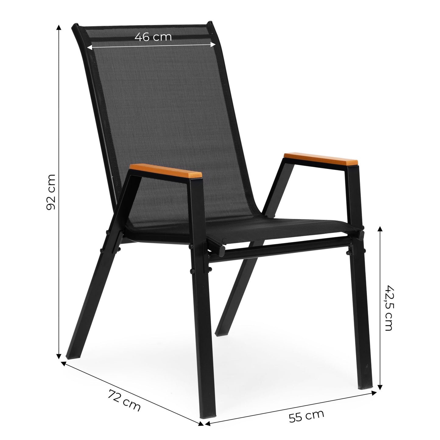 Set of 2 Black Garden Chairs, Steel Frame, Textilene Mesh