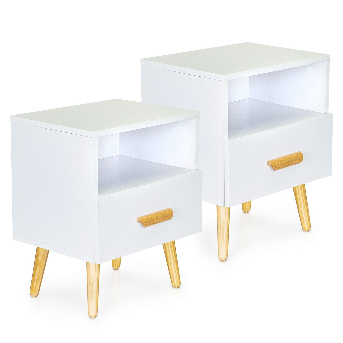 Set of 2 White Bedside Tables with Pine Wood Legs