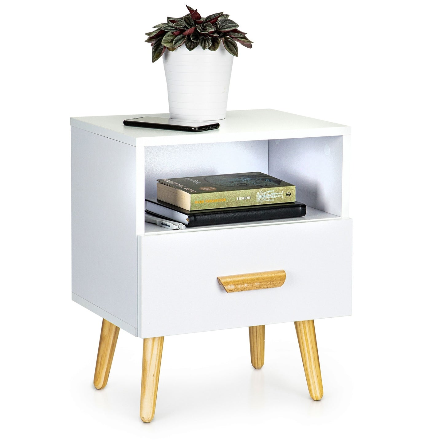 Set of 2 White Bedside Tables with Pine Wood Legs