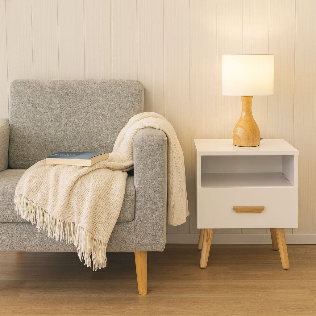 Set of 2 White Bedside Tables with Pine Wood Legs