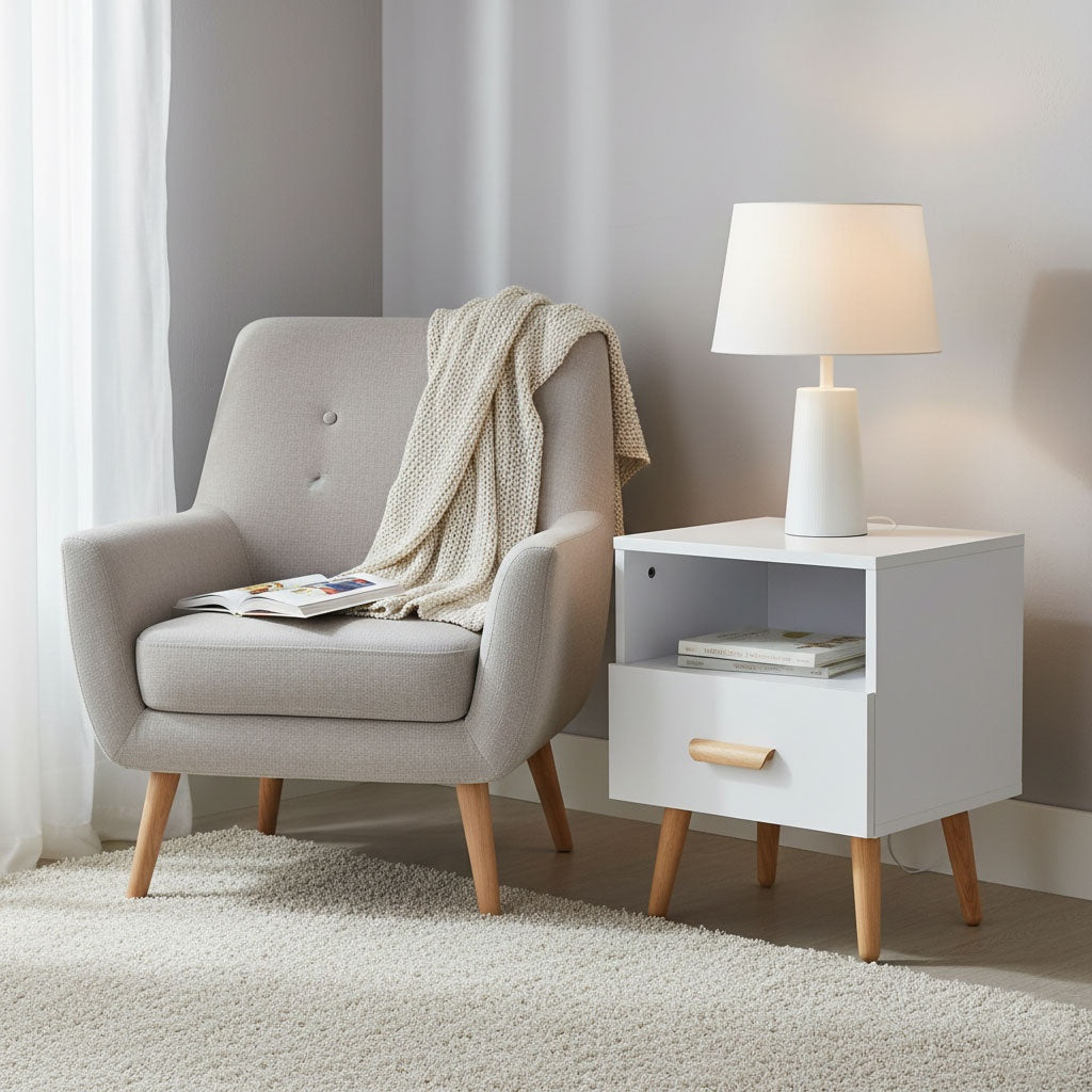 Set of 2 White Bedside Tables with Pine Wood Legs